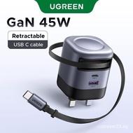 [Retractable]UGREEN 45W GaN Charger with Retractable USB C Cable 70cm 3 Ports USB A USB C Fast Charg