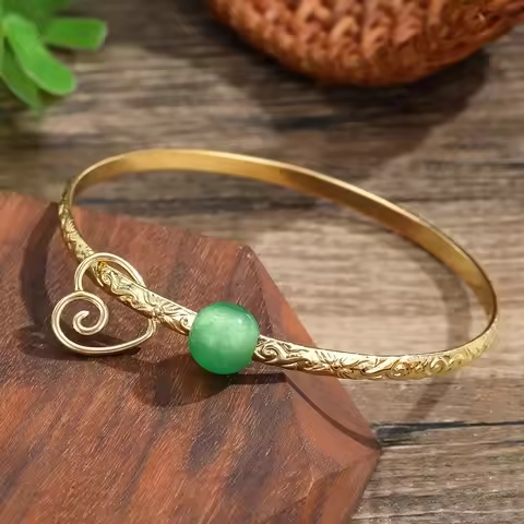 Hawaiian Hammer Bangle Bracelet with Round Jade Bear Samoan Bohemia Polynesian Aloha Tonga Women Jew