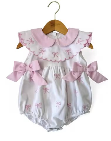 0-6Y Girl Pink Bows Embroidery White Romper for Birthday Holiday Party Casual B15