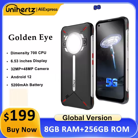 Unihertz Golden Eye 5g Ultra Slim Rugged Smartphone Camping Light 8GB 256GB 64MP Camera Cell Phone, 