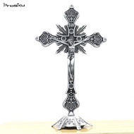 prasku Home Decor Standing Crucifix Small Metal Cross with Base for Table Shelf Altar Christian Orna