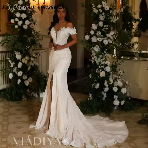 EVLAST Customized Vintage Mermaid Wedding Dress Lace Floral Applique High Slit Beading Bride Bridal