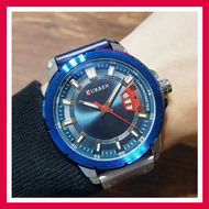 實拍★Creyes鐘錶★ CURREN卡瑞恩 藍框藍色炫光錶面 藍色復古感皮帶手錶 【聖誕節 情人節 禮物 日期 男錶】