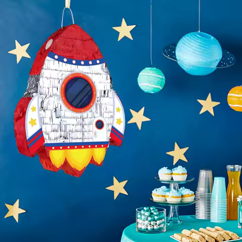 1Set Outer Space Rocket Theme Pinata Bundle with Blindfold Stick for Kids Boy Birthday Baby Shower P