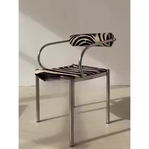 Mid-Century Bauhaus Dining Chair Stainless Steel Frame with Zebra Pattern Upholstery Retro Lounge Ar