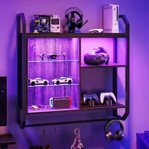 Gaming Floating Shelves, 34" LED Wall Mounted Shelf with Adjustable Glass Shelf, Pipe Shelves Hangin