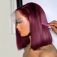 TEMU Funky Girl 99J Burgundy Short Bob Wig - 13x4 Lace Front, ความหนา 150% ผมมนุษย์, สไตล์ตรงสำหรับผ
