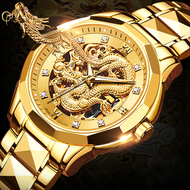 Jsdun นาฬิกาหน้าปัดมังกร3D ทองสำหรับผู้ชายแบรนด์หรูนาฬิกากลไกอัตโนมัติสายสแตนเลสสตีลนาฬิกากลวงแกะสลัก