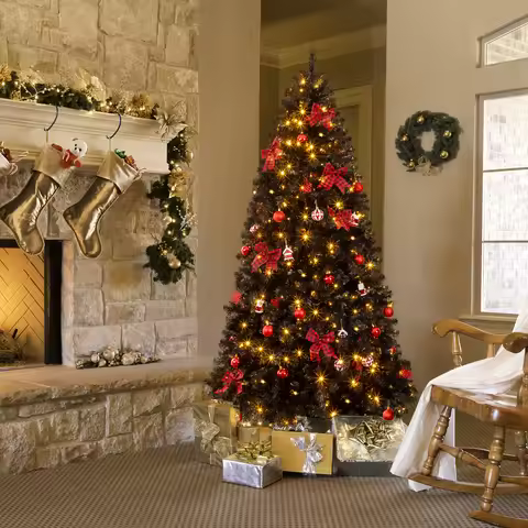 7.5FT Black Pre‑lit Artificial Christmas Tree, Hinged Xmas Tree with 350 Warm White LED Lights Remot