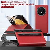 Honor Magic V3 CaseSmart Window Litchi Grain Leather Magnetic Suction Flip Cover Protective Case Wit