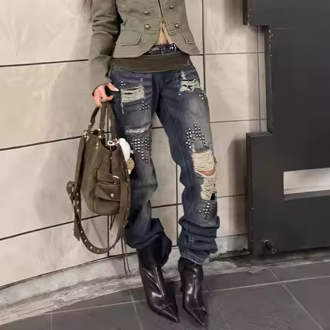 ONE TO WAN Women Vintage Ripped Y2k Jeans Streetwear Retro Rivet Hole Design Denim Pants High Street