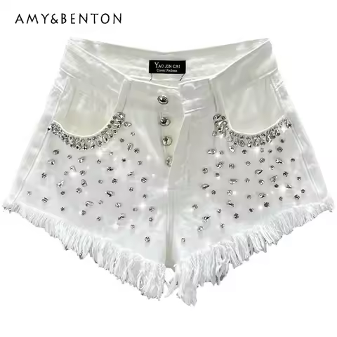 Diamond-Embedded Denim Shorts Women's Fashionable 2023 New Summer High Waist Loose Slimming Raw Hem 