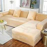 JunJiale Anti-Wrinkle Velvet Sectional Sofa Slipcover 3+3seater L-Shape Couch Stretch Sofa Cover - Fully Covered Furniture Protector，Rice Yellow