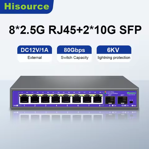 Hisource 2.5G None-POE Network Switch 8 Port Ethernet Switch with 2*10G SFP+ for IP Camera/NVR