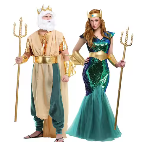 Carnival Women Sea Siren Mermaid Queen Costume Halloween Men's Posidon Costumes Fantasia Cosplay Dre