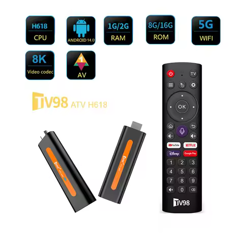 TV98 ATV Mini TV Stick Android 14 H618 Quad Core Cortex A53 Support 8K Video 4K Wifi6 BT5.0 Voice Re