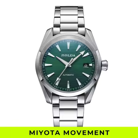 PHYLIDA 41mm Automatic Watch Green Dial Miyota Mechanical Wristwatch Solid SS Sapphire Crystal Aqua 