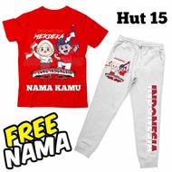 MERAH (FREE NAME) BOYS' AND GIRLS' T-SHIRT AND JOGGER SET WITH 15TH INDONESIA 17TH AUGUST 1945 RED A