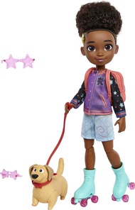 Karma’s World Roller Skating Mattel Karma Doll with Dog Figure, Set Includes Collectible Record & Ac