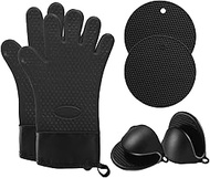 Trez Treamer 6pcs 500°F Heat Resistant Silicone Oven Mittens with Fingers,Non-Slip Oven Mitts and Po