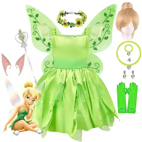 Disney Flower Fairy Tinker Bell for Girls Dress Up Princess Green Strap Costume Birthday Party Tinke