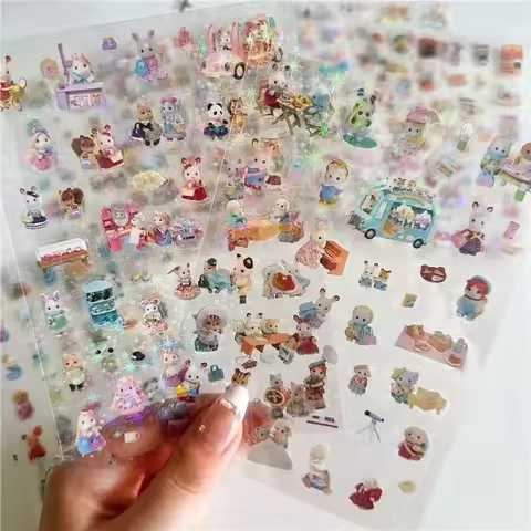 8PCS Sylvanian Families High-value Cute Double-transparent Sticker Scene Decoration Material Hand Ac