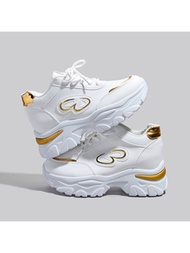 1 Pair Women's Casual Sneakers With Butterfly Pattern, Golden Stripes, White Leather Upper, Wedge Pl