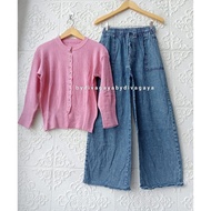 Ermita Adult Women's Suit, Button Knit Cardigan Top and Long Rawis Jeans Culottes, Latest Fashion