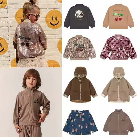 New KS Girls Cherry Embroidery Shiny Jacket Boys Panda Sequin Outerwear Children Cotton Hooded Coat 