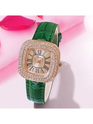 1只女士優雅豪華皮革錶帶石英手錶,鑲有鑽石,適合日常佩戴和節日禮物贈送