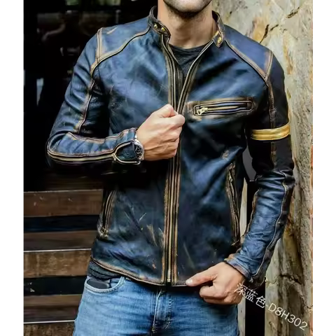 Classic Biker Jacket Aviator Motor Autumn Coats Men's Black Biker Vintage Motorcycle Cafe Racer Leat