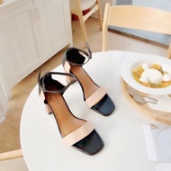Giày Cao Gót Vuông 7cm Bọc Gót Phối Màu Đen-Kem SD135