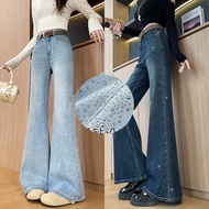 Women Rhinestone Flare Jeans | Light Color High Waist Petite | 2026 Spring Y2K Style