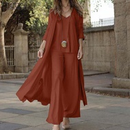 ZANZEA | ZANZEA ผู้หญิง 3 ชิ้นชุดวันหยุดชุดแฟชั่นเสื้อกล้ามและเสื้อสเวตเตอร์ถักกางเกงขากว้างสบายๆหลว