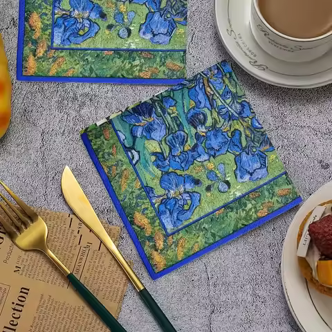 2D Flat,Van Gogh Iris | Foldable Cocktail Napkins, Oil Painting Floral Design Napkin,Beverage Napkin