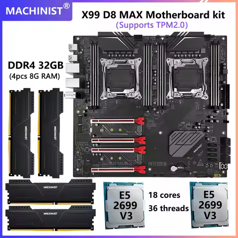MACHINIST X99 D8 MAX Scheda madre Kit doppia cpu Set LGA 2011-3 Xeon E5 2699 V3 * 2 pezzi + DDR4 32 