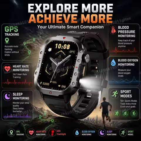 2026 New Military-grade Smart Watch Men GPS Flashlight 3ATM Waterproof Watch Bluetooth Call 100+Spor