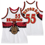 IMPORTED EMBROIDERED CLASSIC ATLANTA HAWKS 55 DIKEMBE MUTOMBO WHITE BIRD LOGO BASKETBALL JERSEY
