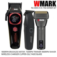 WMARK 3PC Set Professional Hair Clipper 9000RPM Brushless Motor Wireless Charger DLC FADE Blade Barb