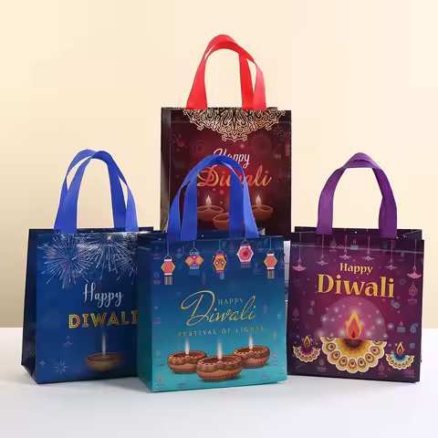 8Pcs Happy Diwali Theme Gift Packing Bag Non-Woven Shopping Tote Bag for India Diwali Festival Party