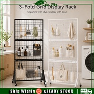 Foldable Mobile Grid Display Rack Pegboard Rack With Wheels Metal Mesh Stand For Snacks Tools Bags C