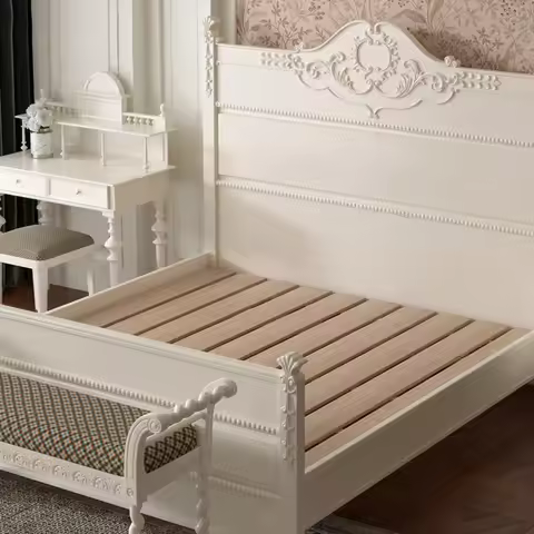 Retro Carved Oak Solid Wood Bed Frame 1.5m 1.8m Double Size European Simple Master Bedroom Furniture