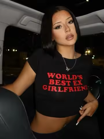 World's Best Ex Girlfriend Letter Print Cute Crew Neck Short Sleeve Crop Top Graphic T Shirts Y2k To