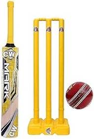 CW Ruler Kashmir Willow Cricket Bat with Wickets 3PCE & 2 Bails Net Practice Leather Ball Kit Size 4