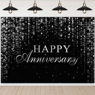 Happy Anniversary Party Banner Backdrop Black Silver Anniversary Cheers to Marriage Wedding 25th Ann