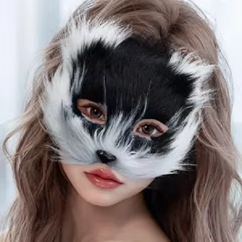 Halloween Simulation Play Furry Cat Half Face Mask Stage Costume Performance Cosplay Prop Fox Mask F
