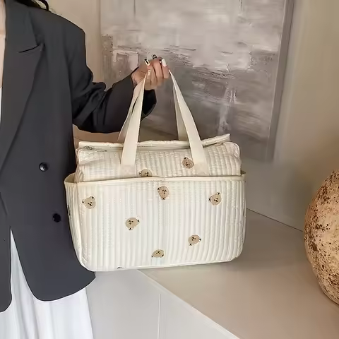 MILANCEL New High-capacity Mummy Bag Embroidered Teddy Bear Mother and Baby Handbag