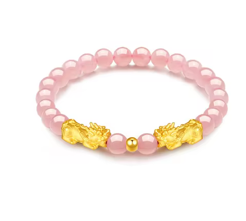 24k pure gold charms bracelet 999 real gold pixiu bracelet 6mm pink beads hand string
