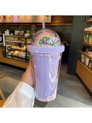 15.22盎司創意彩虹蓋雙層塑膠吸管杯夏季冰杯便攜塑膠杯