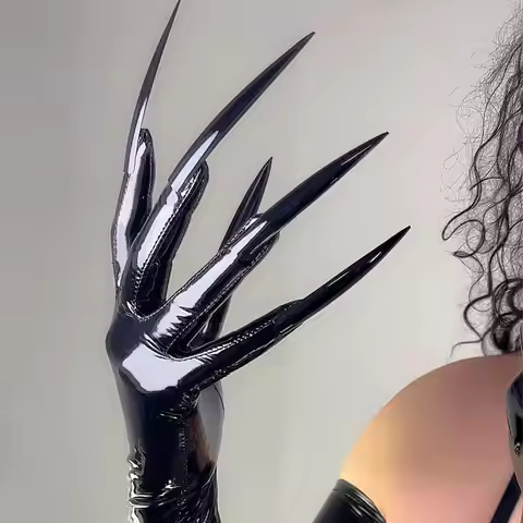 10cm NAILS GLOVES Extra Thin Latex Faux Patent Leather 28" 70cm Shine Black LONG TECH Touchscreen Se